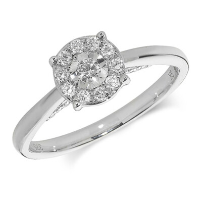 Runder Cluster-Ring Damen 9 kt Weißgold 11 Steine Diamant 4 x Kralle & Illusion besetzt