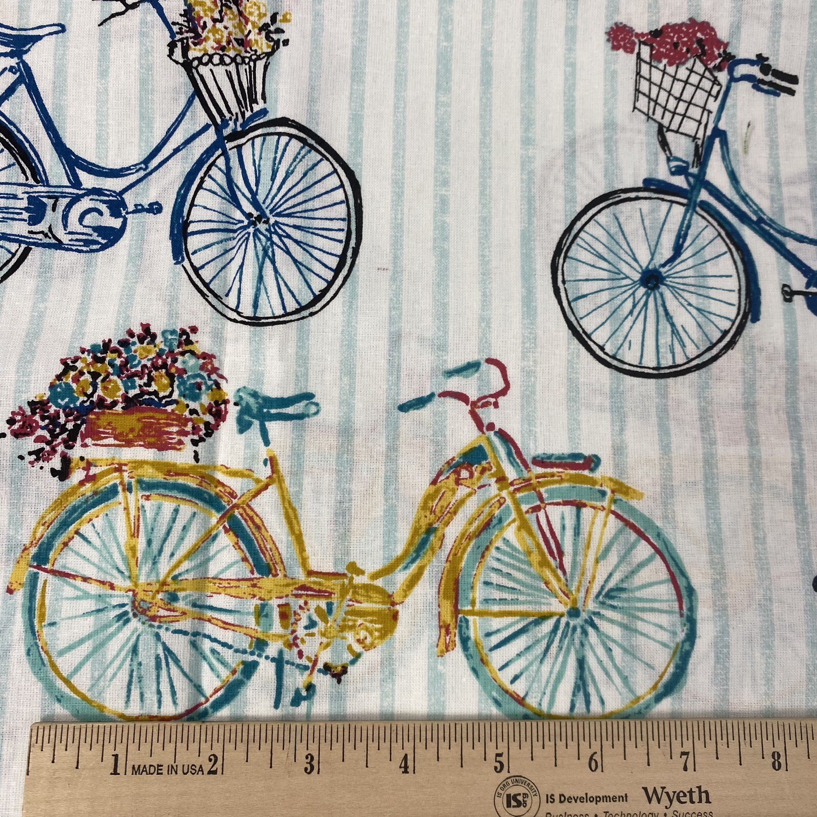 Bike Bicycle with Floral Basket Striped Cotton Fabric by the Yard Teal and White