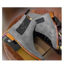 Handmade Men's Gray High Ankle Chelsea Genuine Leather Suede Boot, Sale !!!