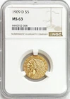 1909 D GOLD UNITED STATES $5 DOLLAR INDIAN HEAD HALF EAGLE NGC MINT STATE 63
