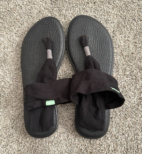 Sanuk Yoga Sling Ella Black Thong Sandals Cotton Blend Slip On US 9