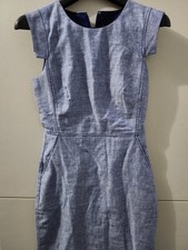 J Crew Dress Womens 2 Blue Resume Sheath Midi Short Sleeve Linen Blend Lined New