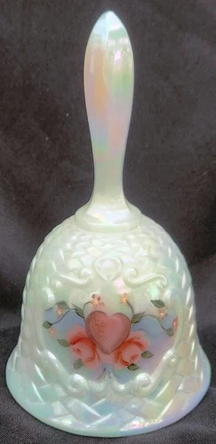 Fenton BELL white iridescent basketweave glass hand painted Heart & Roses Signed