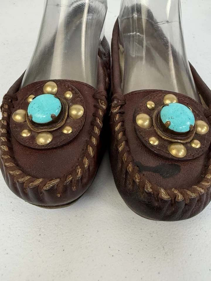 Miu Miu Prada Moccasin Flats Brown Gold Studded Turquoise Loafers Size US 8.5 - Image 2 of 4