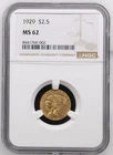 NobleSpirit GOLD 1929 $2.5 Indian Head 1/4 Oz NGC MS 62