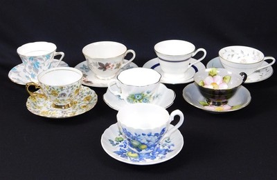 Lot of 8 Vtg Fine Bone China Mixed Floral Blue Gray Silver Teacup & Saucer Sets