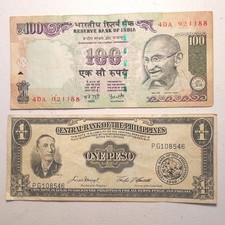 Two Old Vintage Banknotes: India & Philippines 1949 & 2006 Gandhi & Mabini