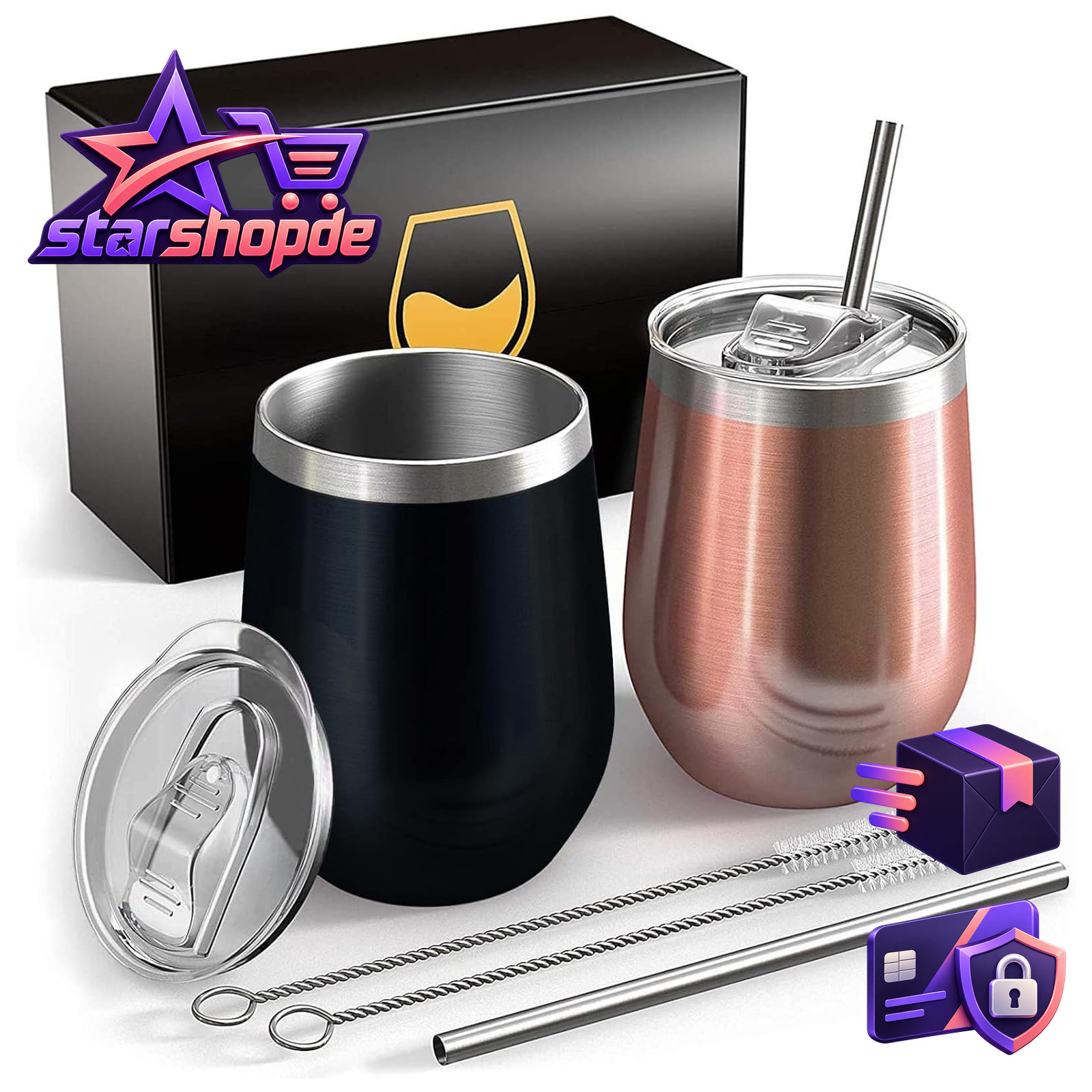 Weinbecher Edelstahl 12oz Doppelwandig Vakuumisoliert 2 Stück Schwarz Roségold