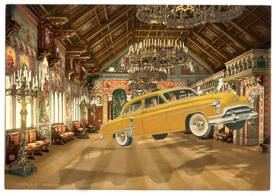 Surreal Vintage Car in Castle Poster Wall Art - Unique Decor