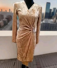 Vintage Vibes: Calvin Klein Gold Velvet Wrap Dress, Size 4 🥂
