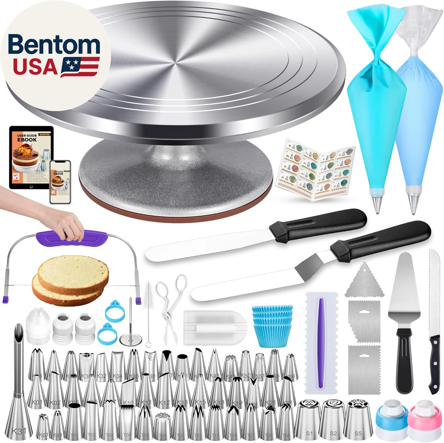 253 Pcs Cake Decorating Kit, 12" Aluminum Alloy Cake Turntable, 48 Numbered Icin