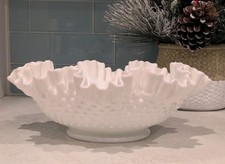 VTG 4.5" Tall & 12" Wide Fenton Milk Glass Hobnail Ruffled Bowl🤍