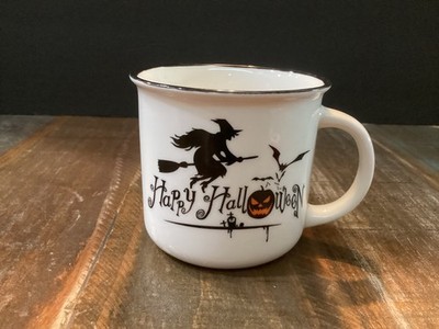Burton + Burton white Happy Halloween flying witch Pumpkin Ceramic Cup mug