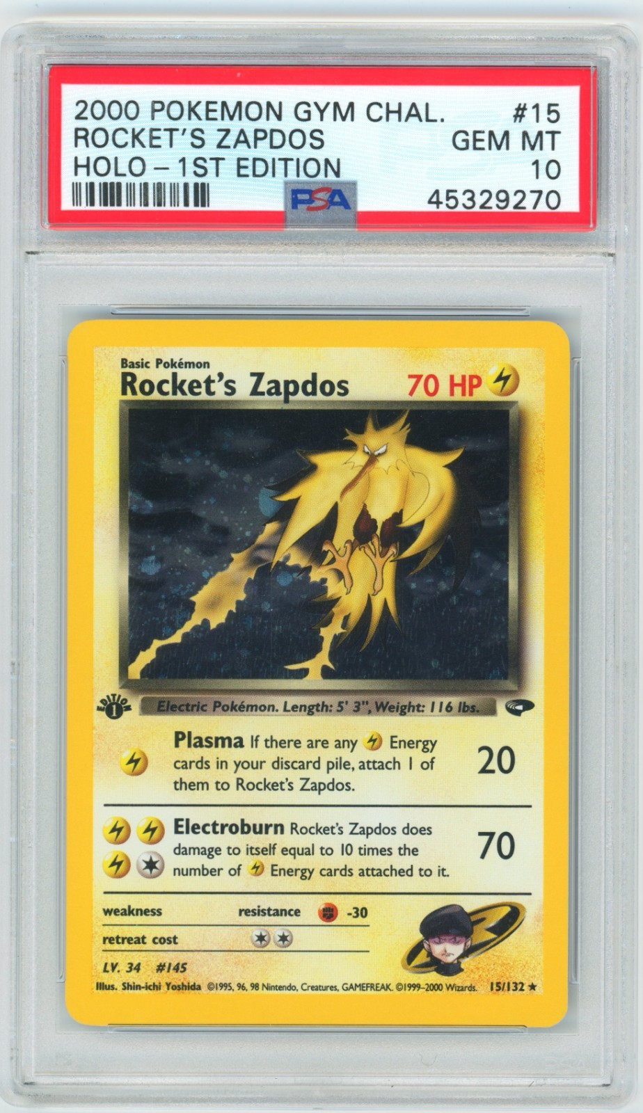 PSA 10 1st Edition Rocket's Zapdos 15/132 Gym Challenge Pokemon 2000