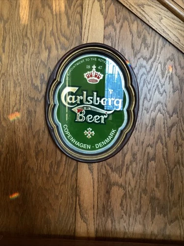 Vintage Carlsberg Beer Sign Mirror with Wood Frame Copenhagen Denmark