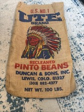 Antique UTE Brand Pinto Beans Burlap Bag Duncan  Sons Inc 21  x35  Primitive
