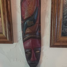 Carved Wooden African Tribal Wall Mask Decor, Red & Black