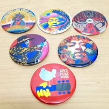 RARE Jimi Hendrix, The Fish, Woodstock Festival PIN BUTTON LOT OF 6 LSD 60's 