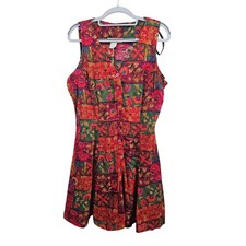 VINTAGE Ellen Ashley Rayon Patchwork Floral Lace Up Back Button Romper Size L