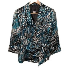 Alex Evenings Wrap Jacket Womens L Black Teal Abstract Print Satin Chiffon Event