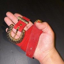 Vintage Nan Lewis Red Genuine Leather Waist Belt with Ribbed Gold-Tone Buckle