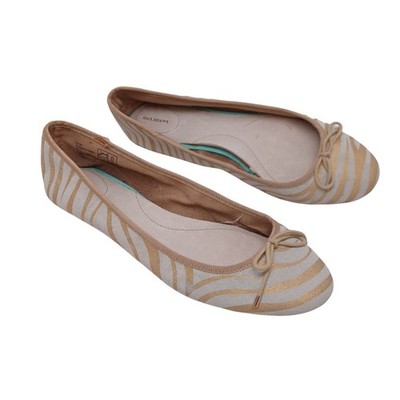 Lands End Womens Tan Gold Metallic Zebra Suede Ballet Flats Bow Round Toe US 9