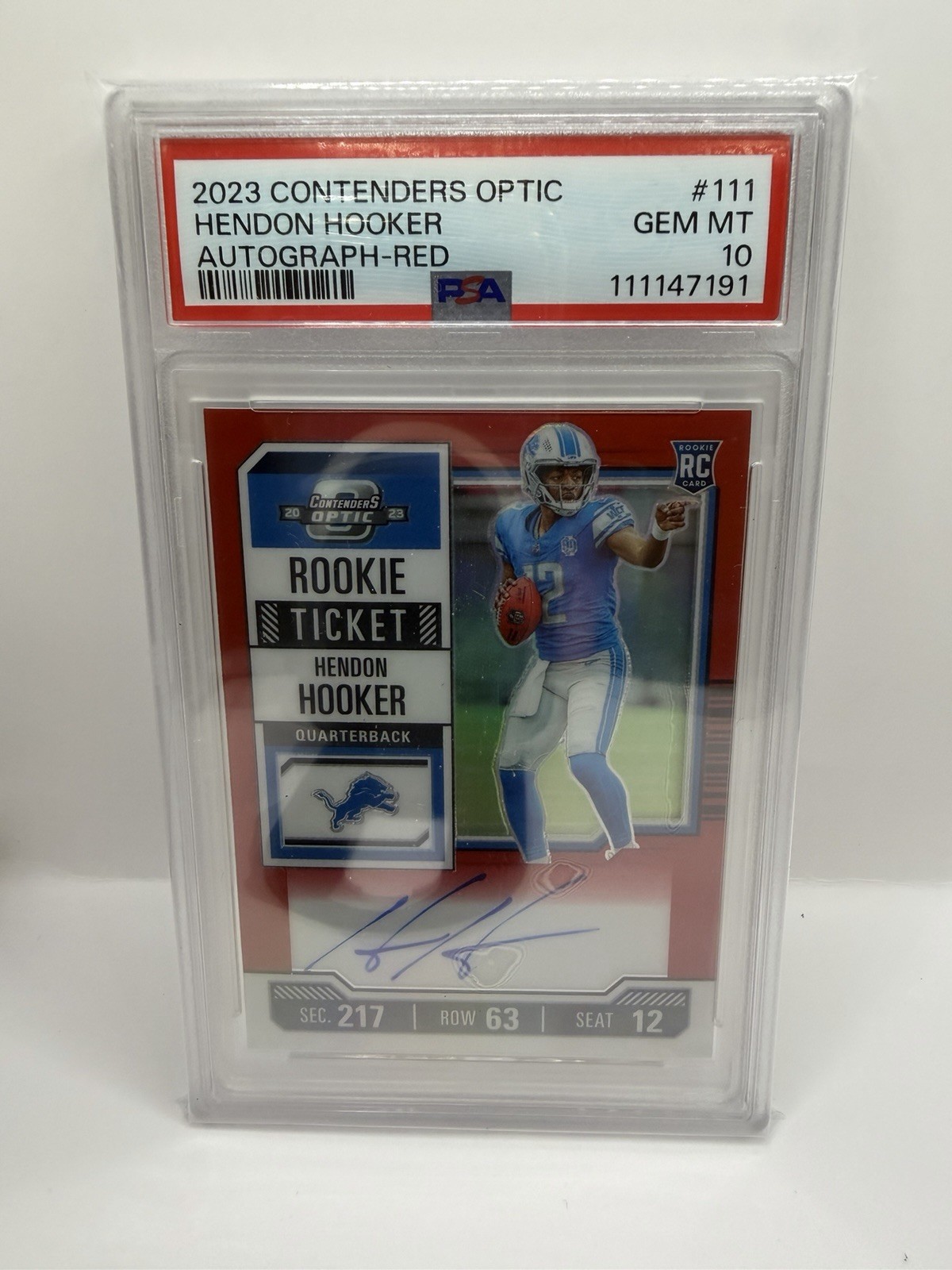 2023 Panini Contenders Red Rookie Ticket Auto Hendon Hooker PSA 10