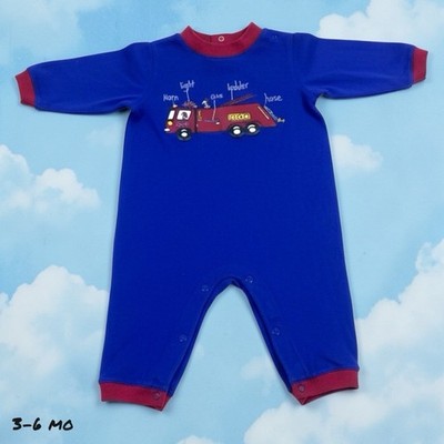 Vintage Simply Basic Baby Fire Truck Romper 3-6 Months Red Blue One Piece Cotton
