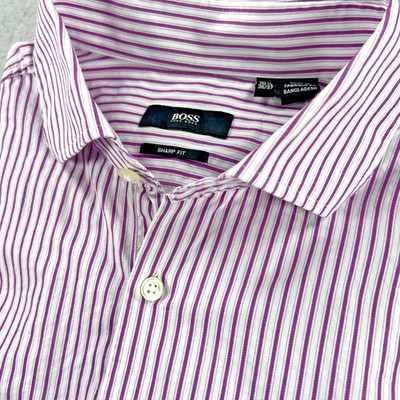 BOSS Hugo Boss Mens 16.5 36/37 Purple Stripe Sharp Fit Dress Shirt Long Sleeve
