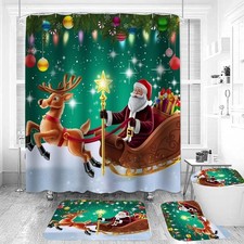 4PCS Christmas Santa Reindeer Shower Curtain Set, Rope Ball Green Pine Branches