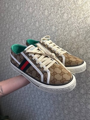 Gucci GG Canvas Low Top Sneakers Beige Monogram Web Stripe Shoes EU 41 US Women 