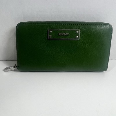 Vintage DKNY Green Genuine Pebbled Leather Zip Round Wallet Clutch CLASSIC