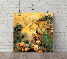 PEACOCK AND FLOWERS YELLOW SQUARE CANVAS ART FLOAT EFFECT/FRAME/POSTER PRINT