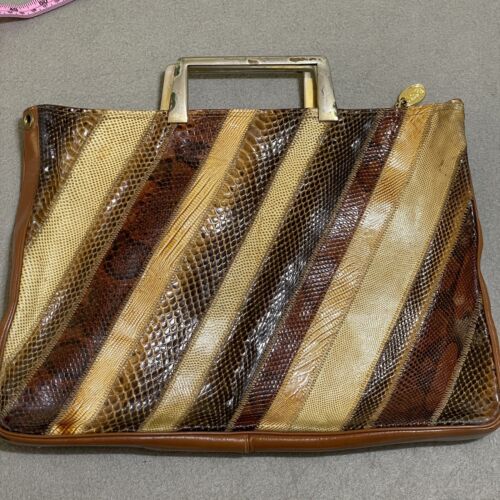 BAGS BY VARON True Vtg Snakeskin Print Brown Leather Slim Briefcase Bag Purse