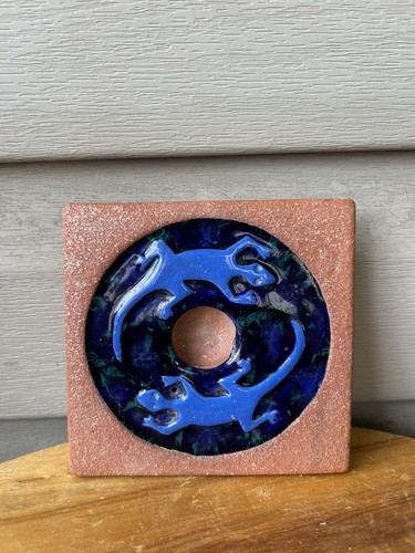 BJ Taos Blue Lizards Southwestern Glitter Art Pottery Candlestick Holder 4.5"