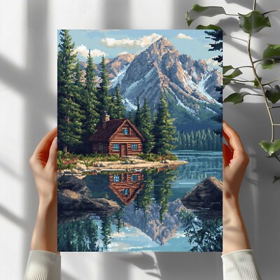 Hütte am See Pixel Art Premium Poster Schöne Wanddeko Dekoration in 40X30 cm