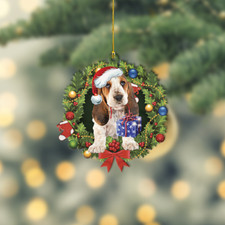 Basset Hound Dog Christmas Wreath Ornament, Basset Hound Dog Christmas Ornament