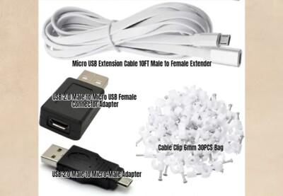 Micro USB Extension Cable 10Ft Male To Female Extender Cord Clips USB Adapters