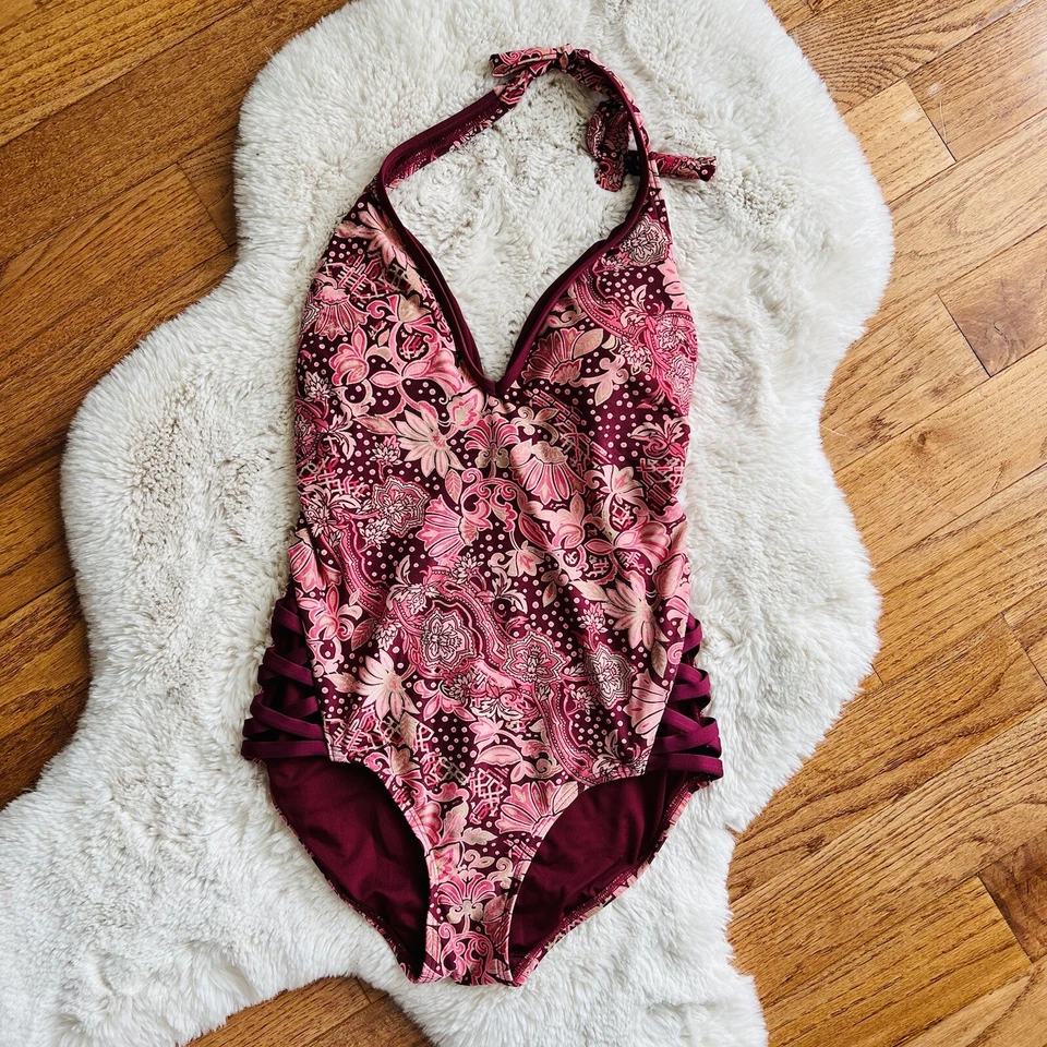 Traje de baño Carmen Marc Valvo ciruela floral una pieza halter talla 12 Foto 4 de 4