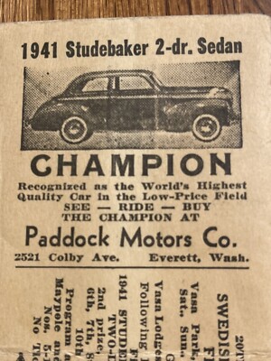 1941 STUDEBAKER Swedish Festival EVERETT, WA Envelope And raffle ticket stub