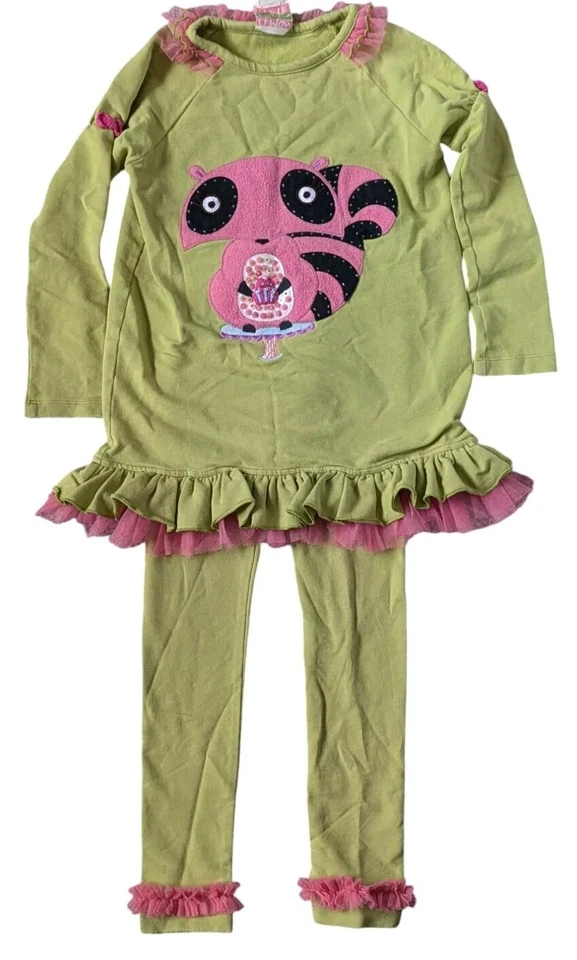 Conjunto Top Pantalones Vestido Lemon Loves Lima Volantes Niñas 5 6 Mapache Verde Rosa Foto 2 de 4