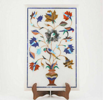 15''x12'' White Marble Table Top Center Inlay Malachite bird wall decor Lapis