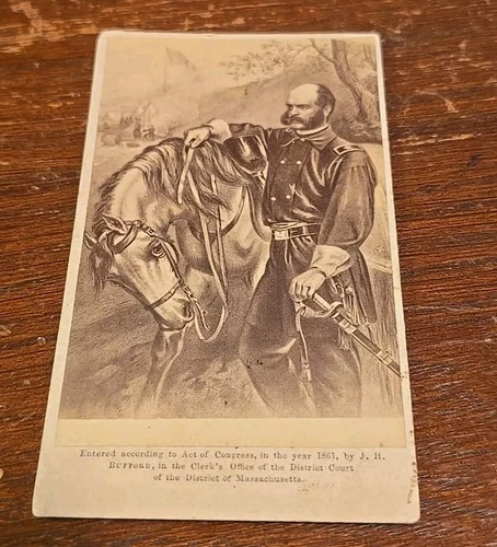 Antique Civil War General Ambrose Burnside Horse & Sword Lithograph Photograph