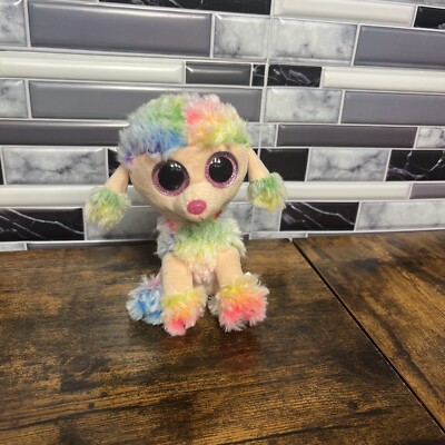 Ty Beanie Boos Rainbow 6 inch Poodle Dog Plush 2017 Glitter Eyes TYSilk Puppy