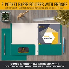 50 PCS Teal Matte Paper 2 Pocket Folders With 3 Metal Prongs Letter Size