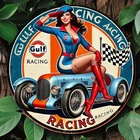 [2D Flat] Vintage Retro Tin Metal Signs - Gulf Racing Woman in Red Car, 8x8 Inch