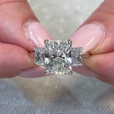 4.20Ctw Radiant Cut Moissanite Three Stone Engagement Ring 14K White Gold Plated
