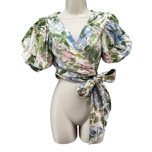 Urban Outfitters Sally Wrap Top Womens Green Multi Printed Poplin Cropped Size S