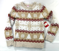 Youth Holiday Time Beige, White  Red Christmas Snowflake Sweater- Size 7/8