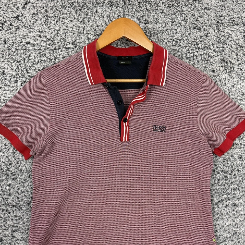 Hugo Boss Shirt Mens Medium Red Navy Polo Regular Fit Tipped Embroidered M - Image 2 of 4
